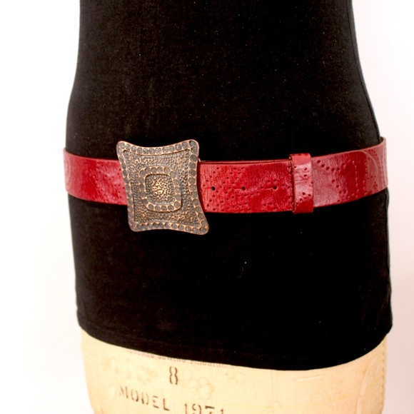 90s XXBYMEXX  red top layer leather belt large Italian buckle ceinture rouge - Picture 1 of 7